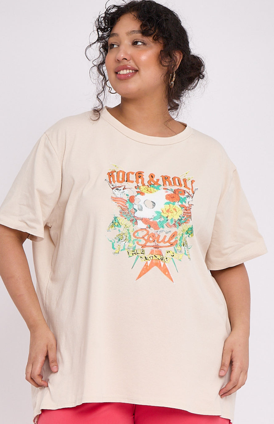 Oversized Printed Rock N Roll T-Shirt in Beige
