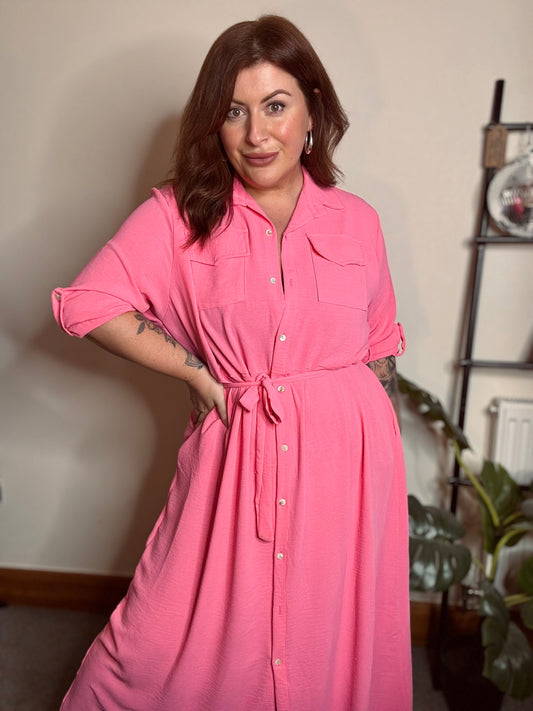 Pink Button Through Tie Waist Shirt Dress With Pockets