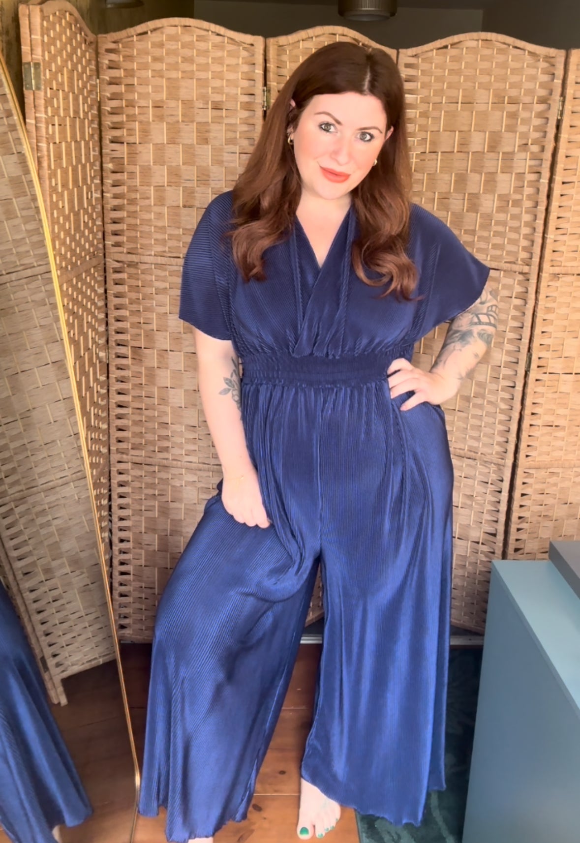 Curve Plisse Wide Leg Jumpsuit in Navy