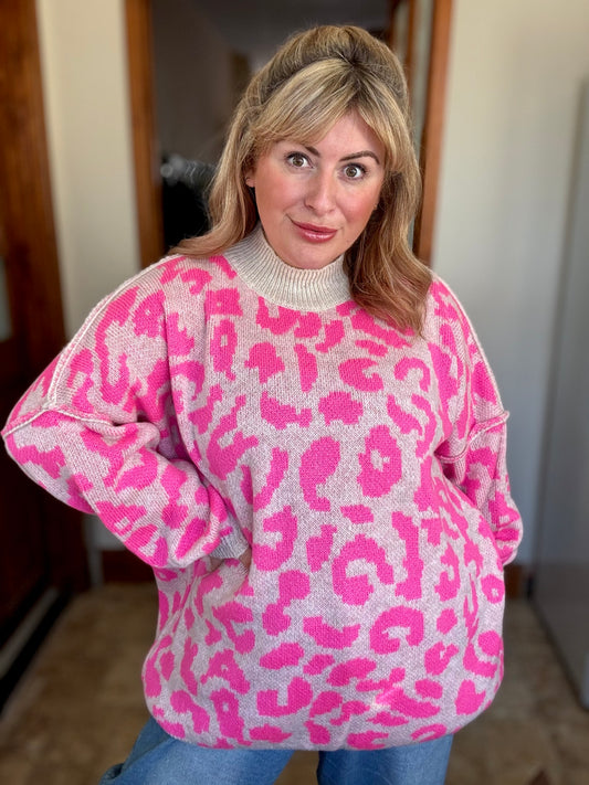 Oversized Leopard Knit Jumper in Hot Pink