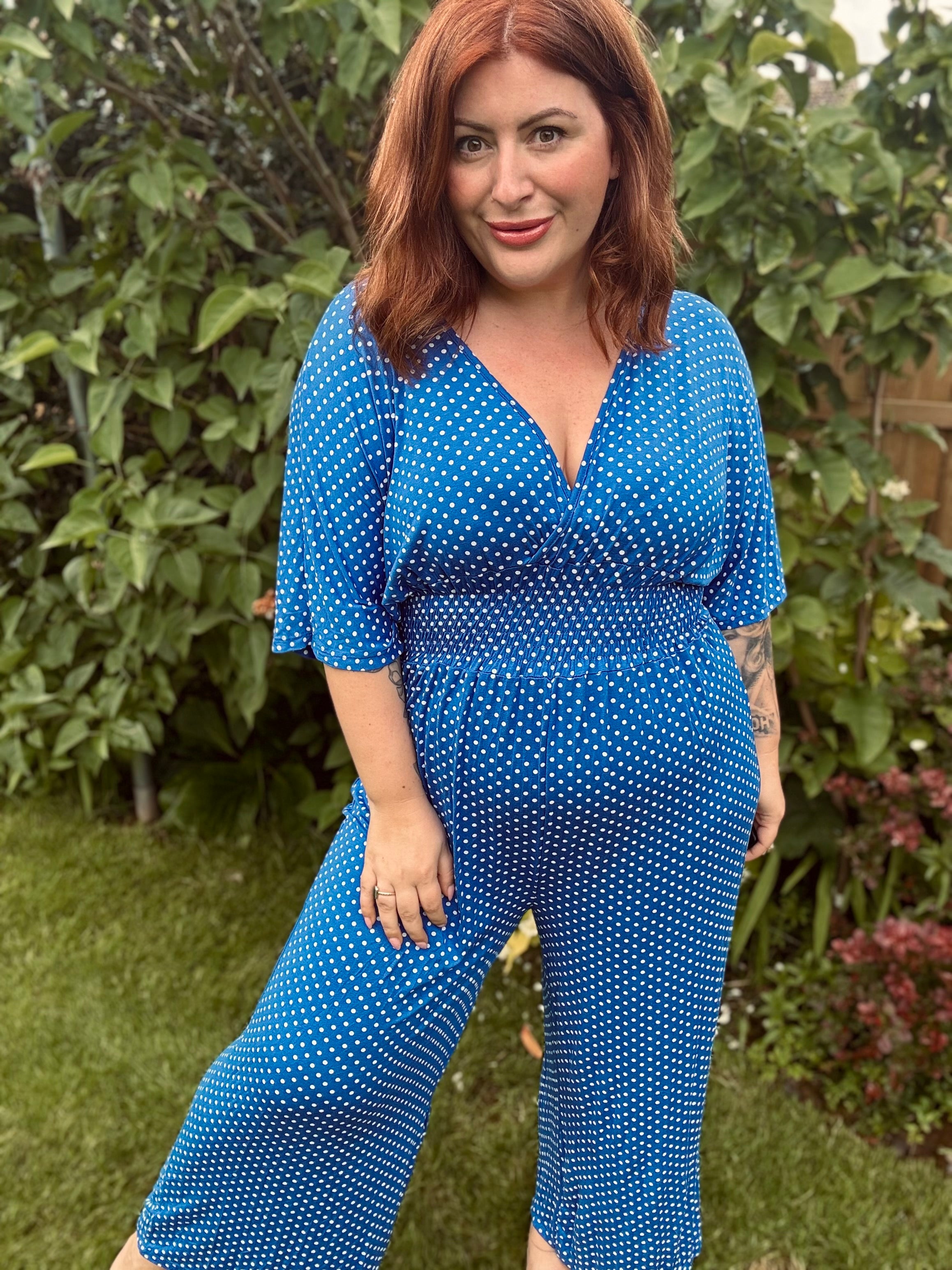 Blue Polkadot Shirred Waist Jumpsuit LEXA LOFT